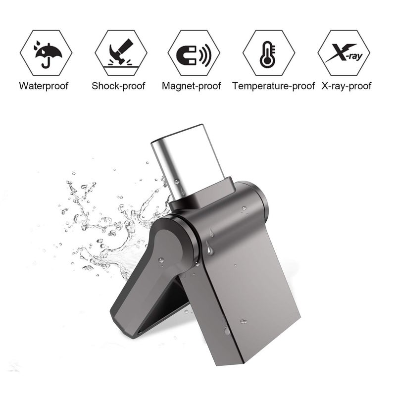 KALSAN Type C OTG USB Flash Drive 64GB, KALSAN 64GB USB 3.0+Type C 2 in 1 OTG Dual WaterproofUSB Memory Stick with Keychain Metal-Black - Image 3